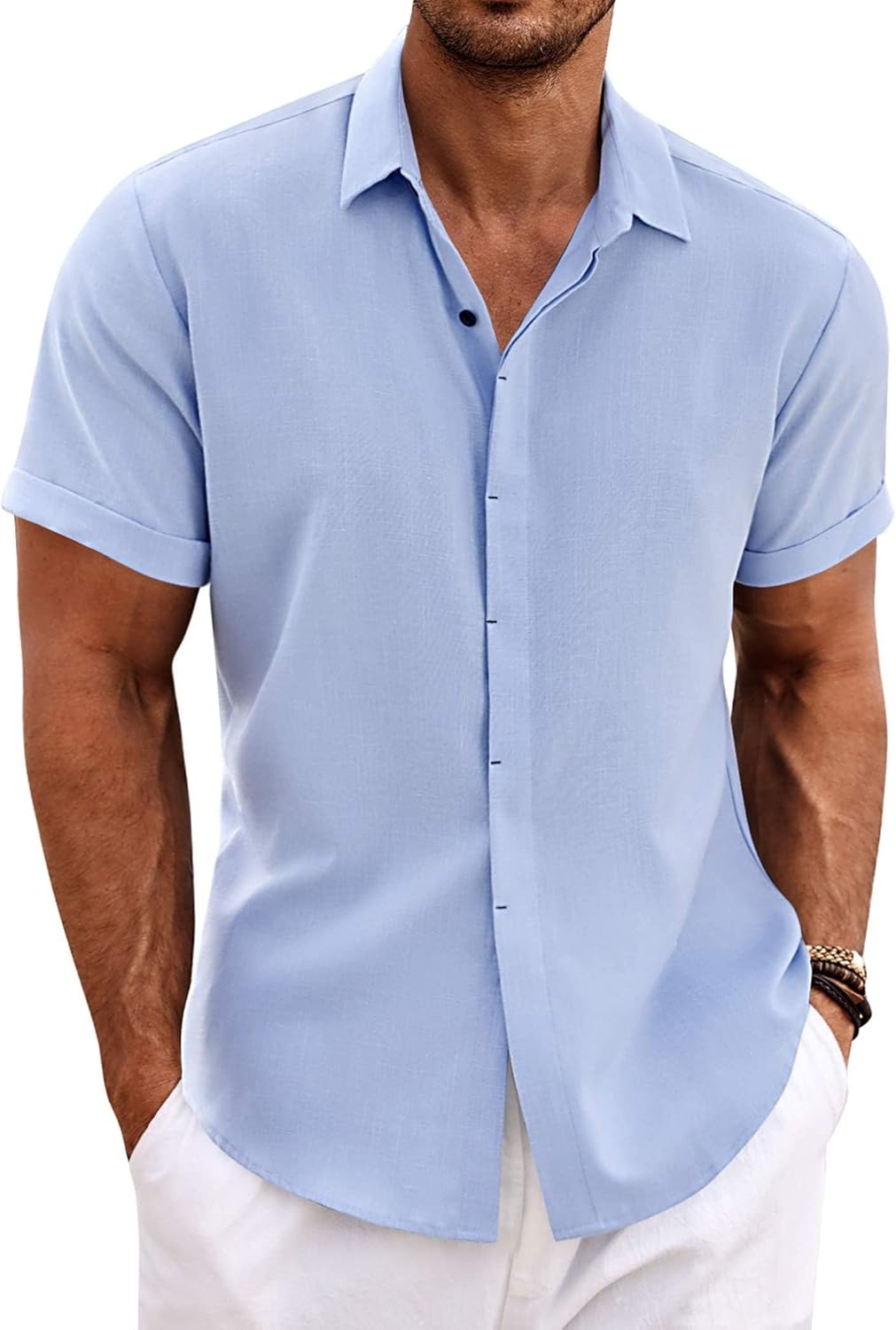 Thumbnail 5 de COOFANDY Chemise en Lin pour Hommes – Manches Courtes, Coupe Regular, Style Plage