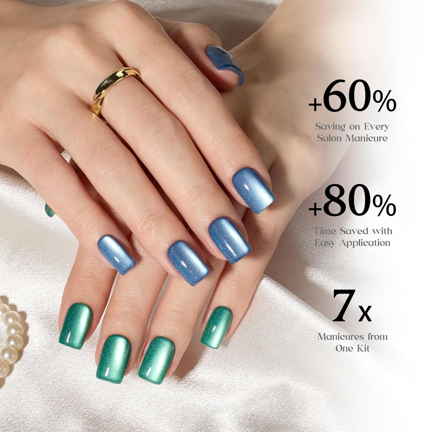 Detalle de Beetles X Press Plus Cat Eye Nails “Galaxy Aurora” – 7-Color Short Square Press-On Set (224 pcs, 16 sizes)