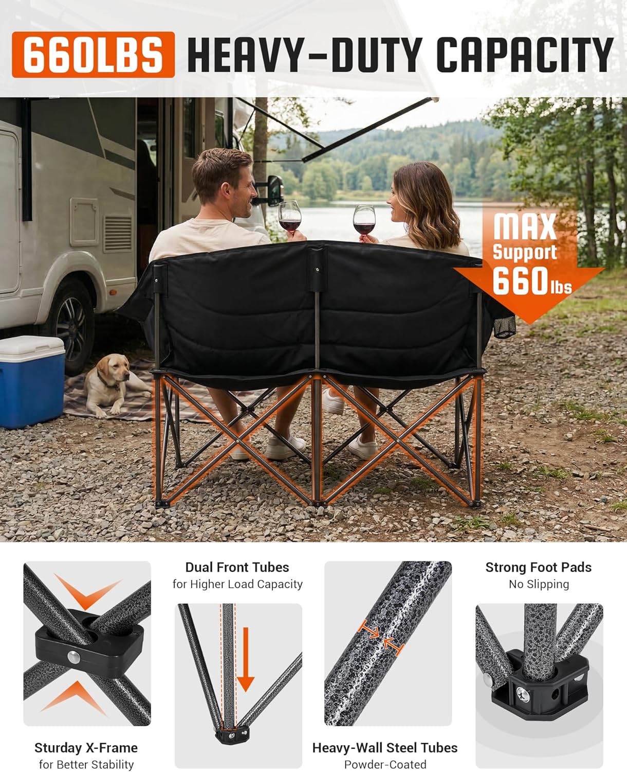 Detalle de KingCamp Double Camping Chair: Oversized, Heavy-Duty 660lbs Two-Person Folding Loveseat