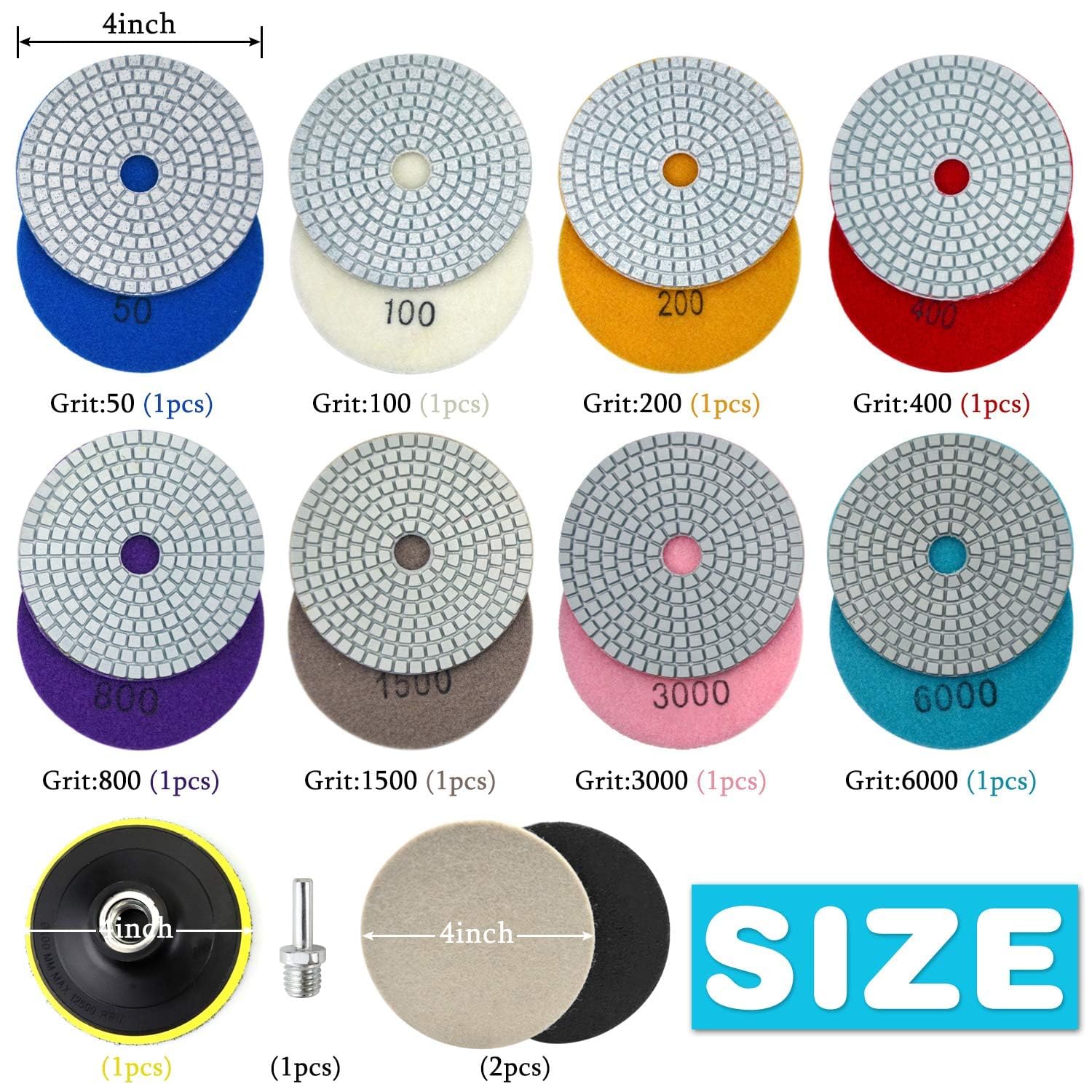 Thumbnail 6 de 4 Inch Diamond Polishing Pads Kit with 5/8''-11 Backer Pad — 12 Pieces for Wet/Dry Stone Polishing (Concrete, Granite, Marble, Quartz)