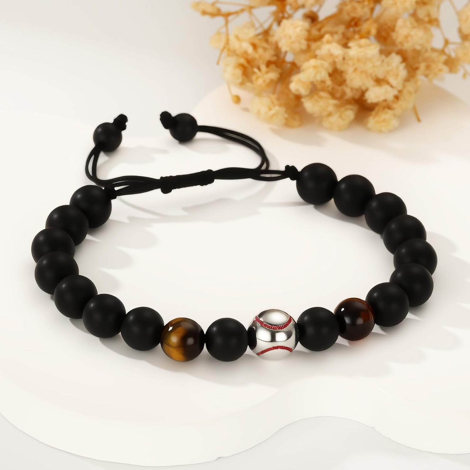 Detalle de Esmoly Bracciale Uomo Pietre Naturali – Regolabile con Agata Nera e Occhio di Tigre