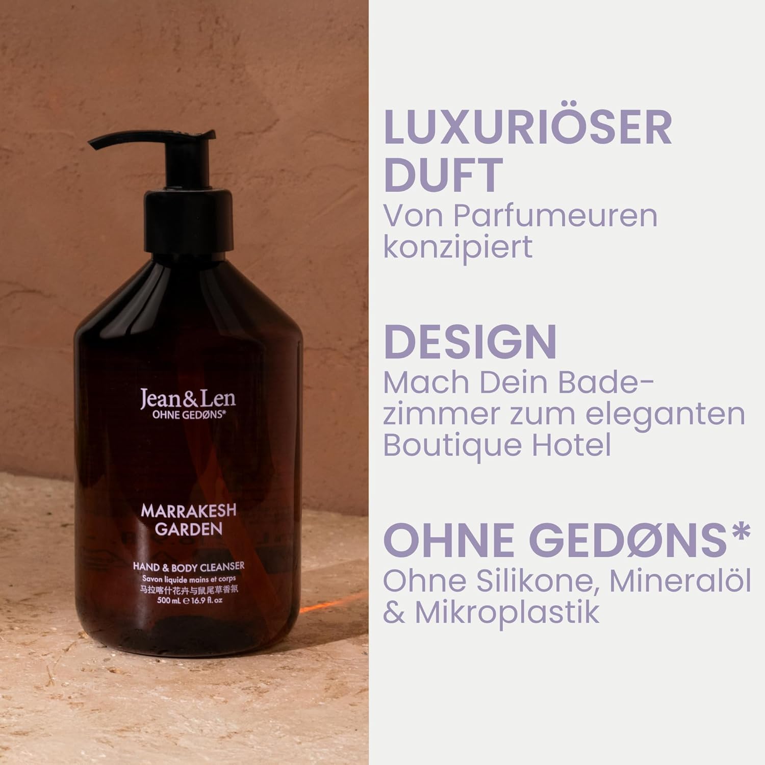 Detalle de Jean & Len Hand & Body Cleanser Marrakech Garden – 500 ml, vegane Körper- und Handseife mit feinem Duft