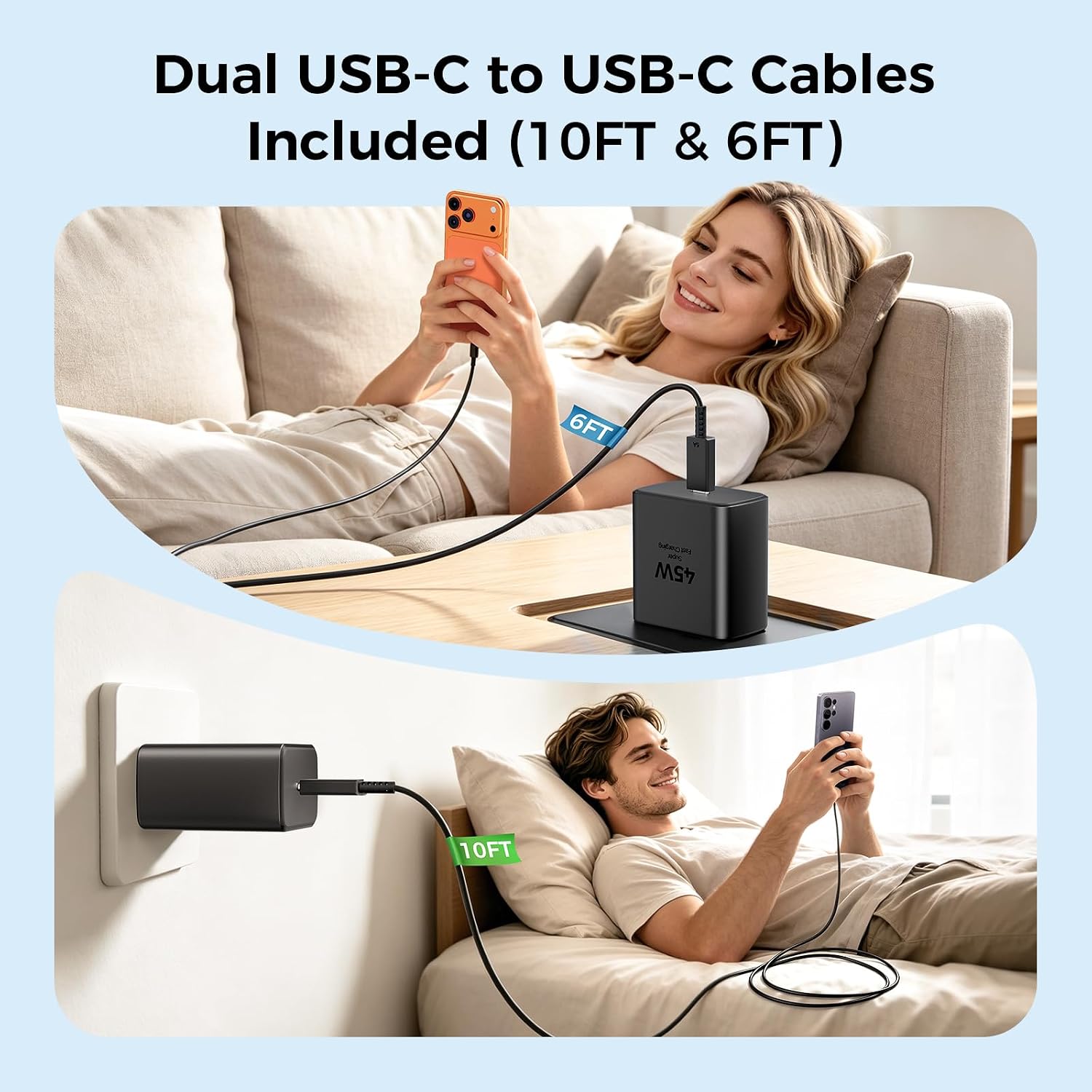 Detalle 1 de XUWZG YX-PD45W 45W USB-C Charger Set with 10-Foot and 6-Foot Cables