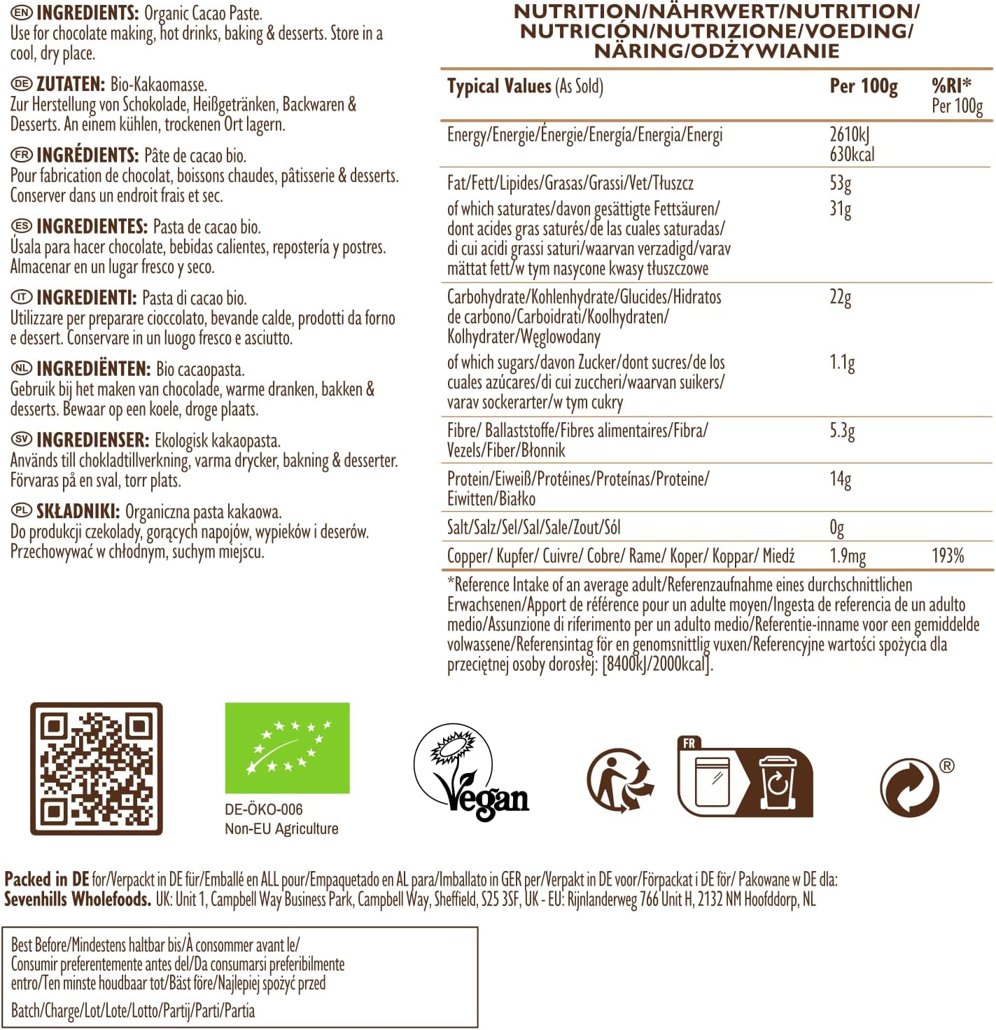 Detalle de Sevenhills Wholefoods Pâte De Cacao Bio 500 g – pâte de cacao pure et vegan, sans additifs