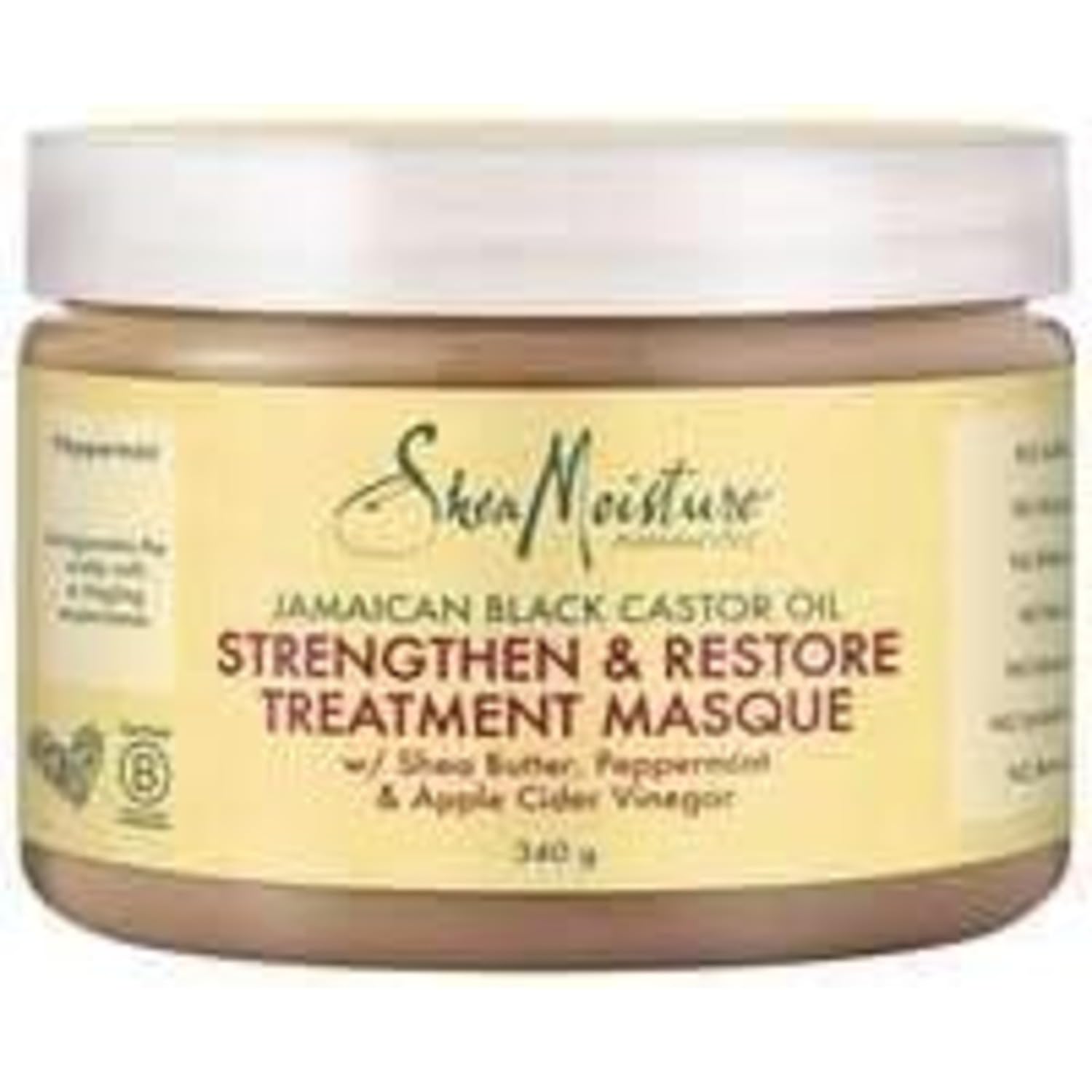 Detalle de SheaMoisture Jamaican Black Castor Oil Strengthen & Restore Treatment Masque (Sheabutter/Pfefferminze/Apfelessig), 355 ml