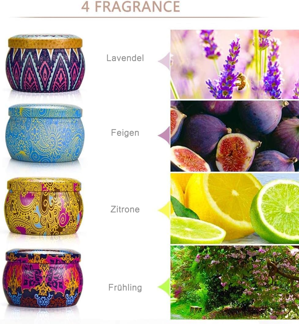 Thumbnail 4 de Geschenke-Set Duftkerzen 4x125 g aus natürlichem Sojawachs – Box-Design, Rose, Lavendel, Zitrone, Feige