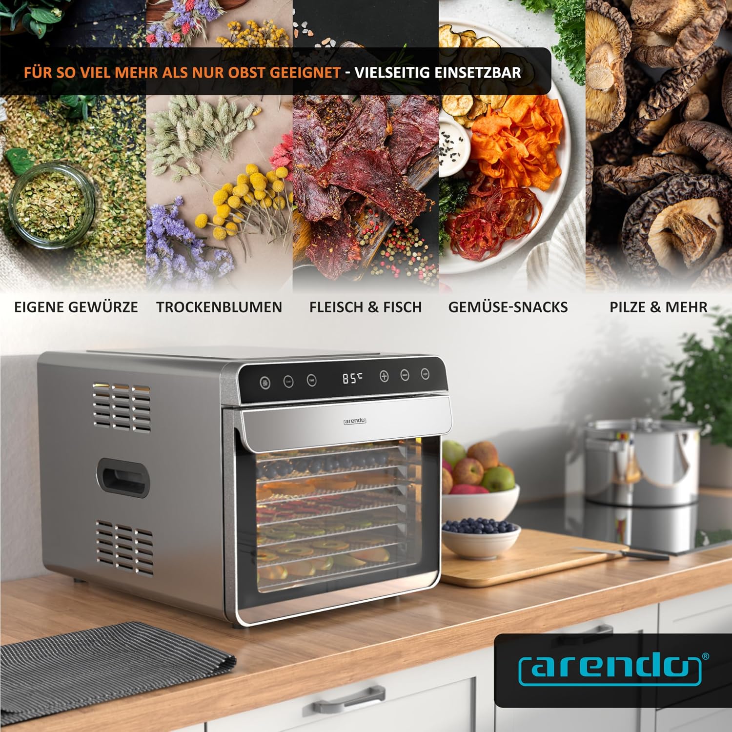 Detalle 2 de arendo Dörrautomat aus Edelstahl mit 8 Einlegetabletts (700 W), 35–85 °C – Dörrgerät für Obst, Fleisch, Pilze