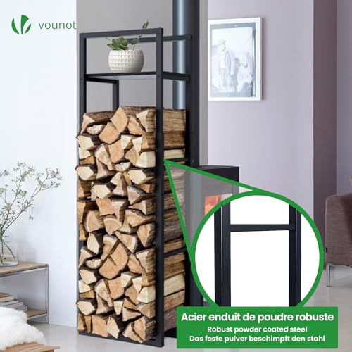 Detalle de vounot Range Bûches Vertical en Métal Réglable sur 3 Niveaux avec Étagère Intégrée – 45 x 32 cm, Noir