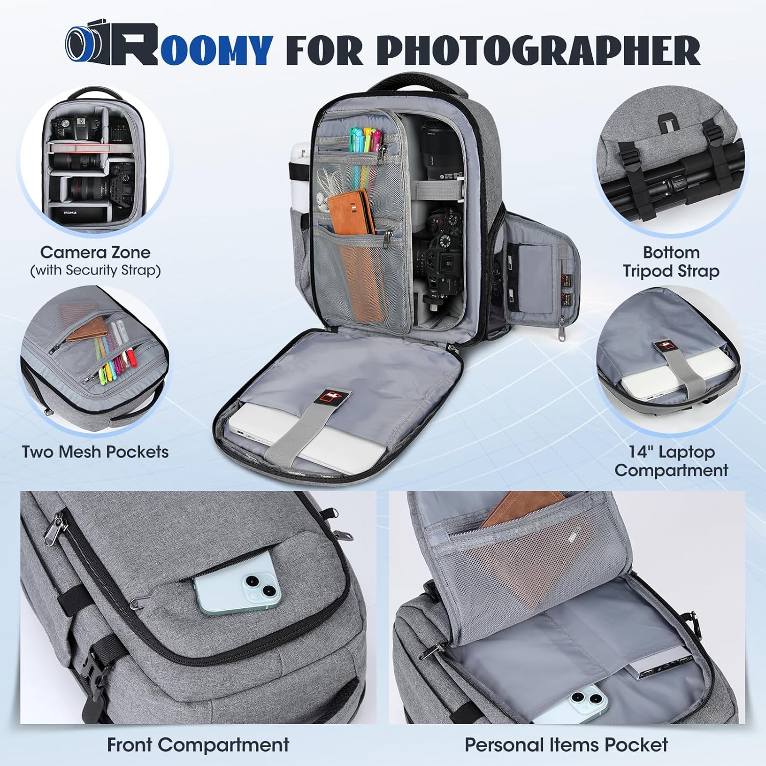 Detalle de RAINSMORE DSLR camera bag with 14 inch laptop