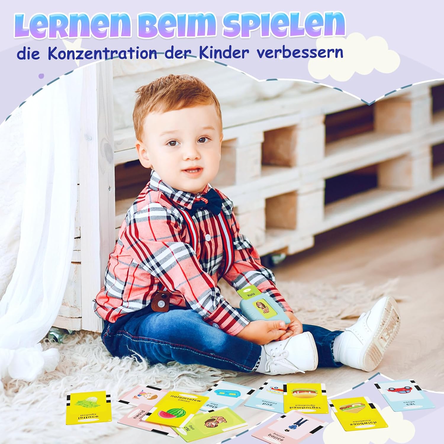 Thumbnail 2 de GUYUCOM Lernspielzeug für Kinder von 1 bis 6 Jahren – 112 doppelseitige Lernkarten mit 224 Wörtern, hörbar und wiederaufladbar (Blau)