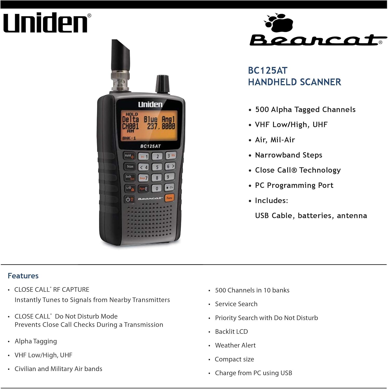 Detalle de Uniden BC125AT 500-Channel Handheld Scanner