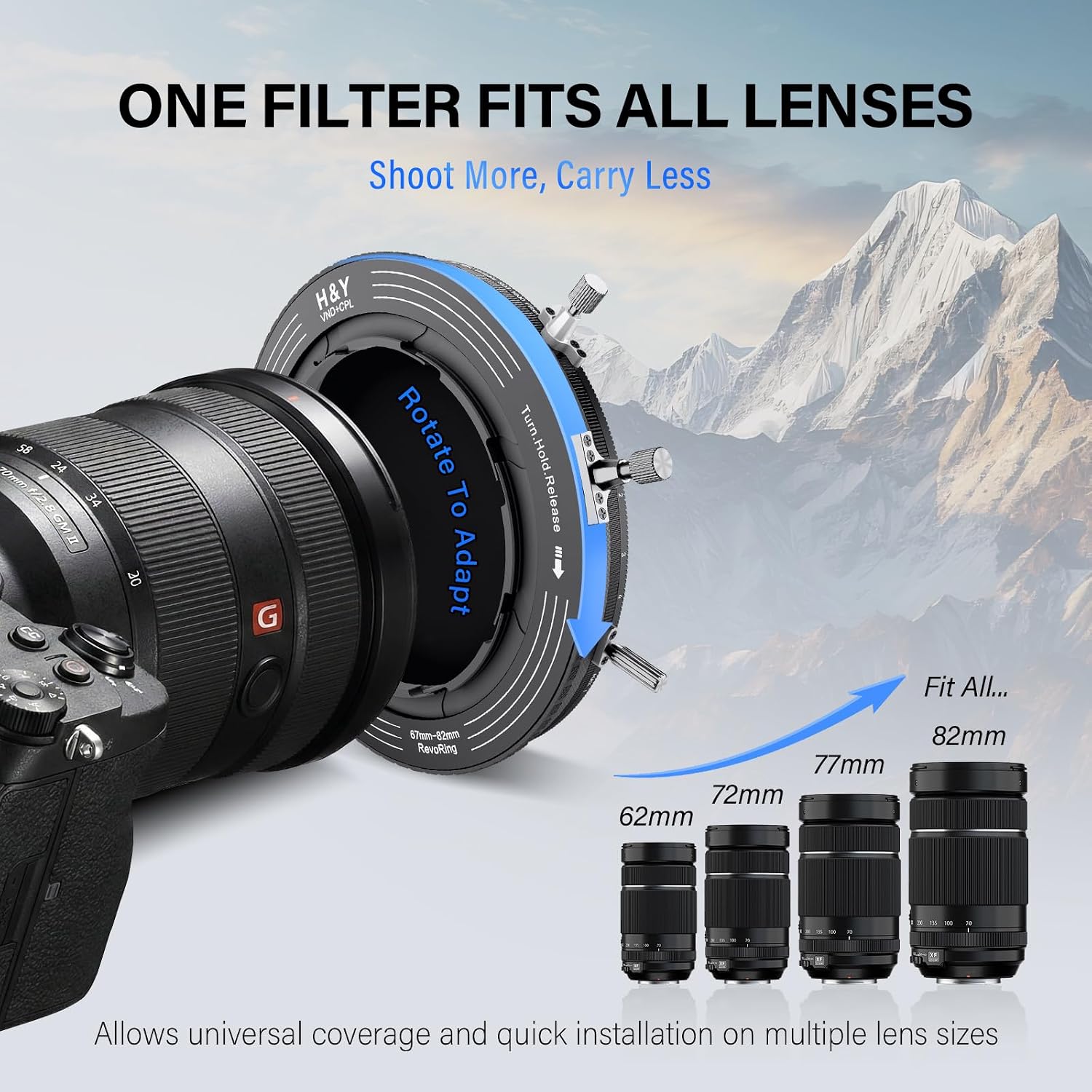Detalle de H&Y RevoRing Mark II 67-82mm: Adjustable 3‑in‑1 VND + CPL with Rapid-Switch