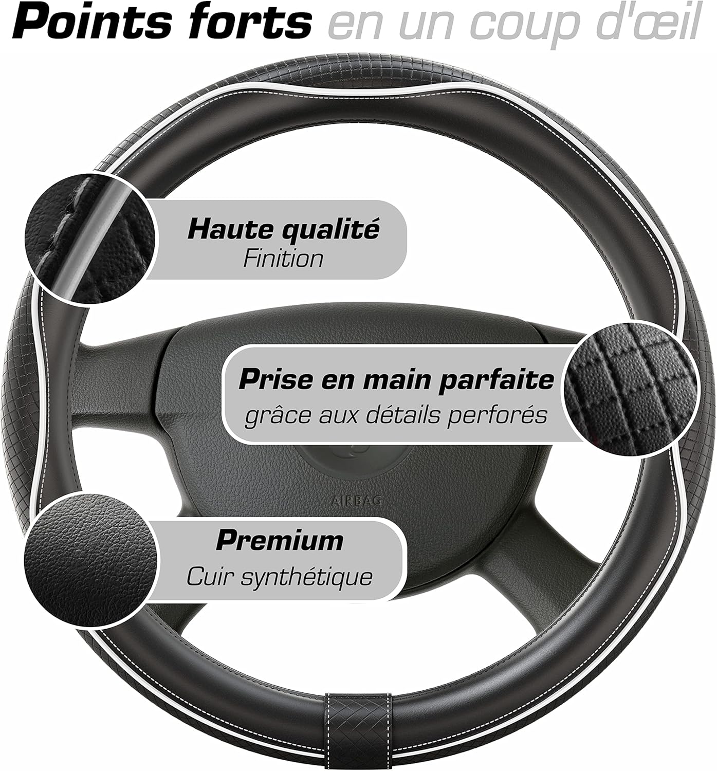 Thumbnail 3 de Upgrade4cars Couvre Volant Universel 37-38 cm – Simili Cuir Noir/Blanc, Antidérapant