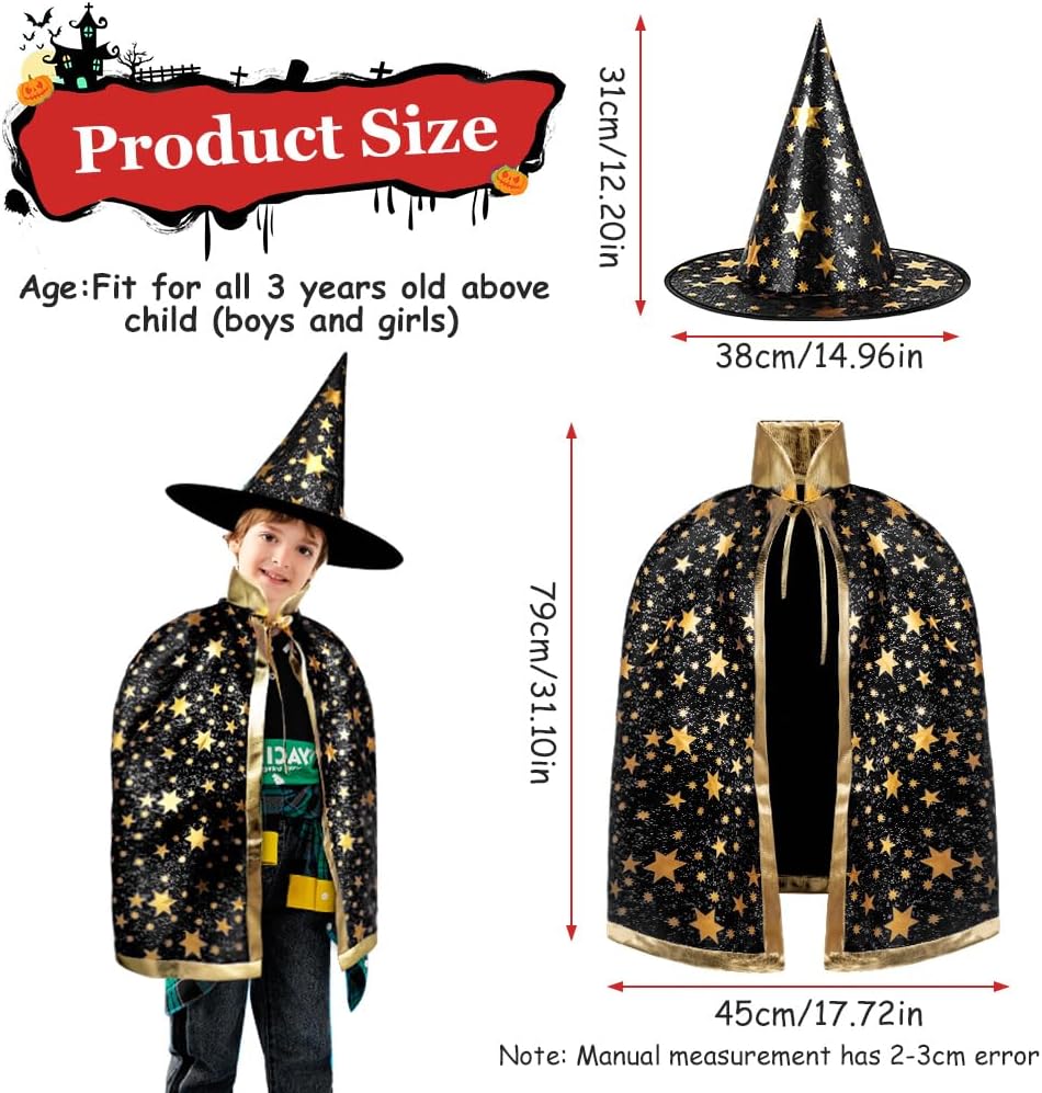 Detalle de AYBUY Mantello da Strega con Cappello per Bambini – Set Magia Halloween