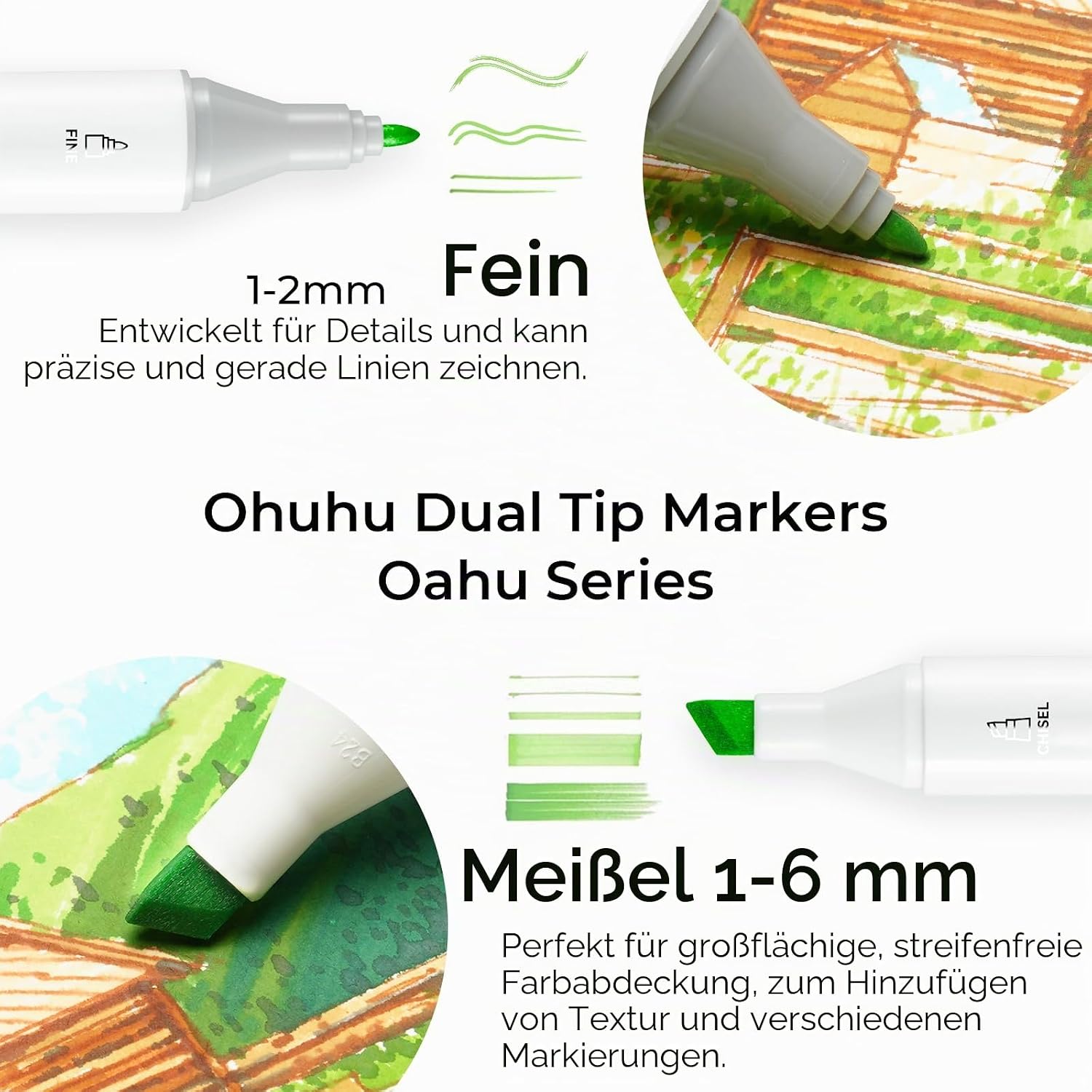 Detalle de Ohuhu Alkohol Marker – 100 Farben mit Breit- und Feinspitze, doppelseitig, nachfüllbar, AP-zertifiziert