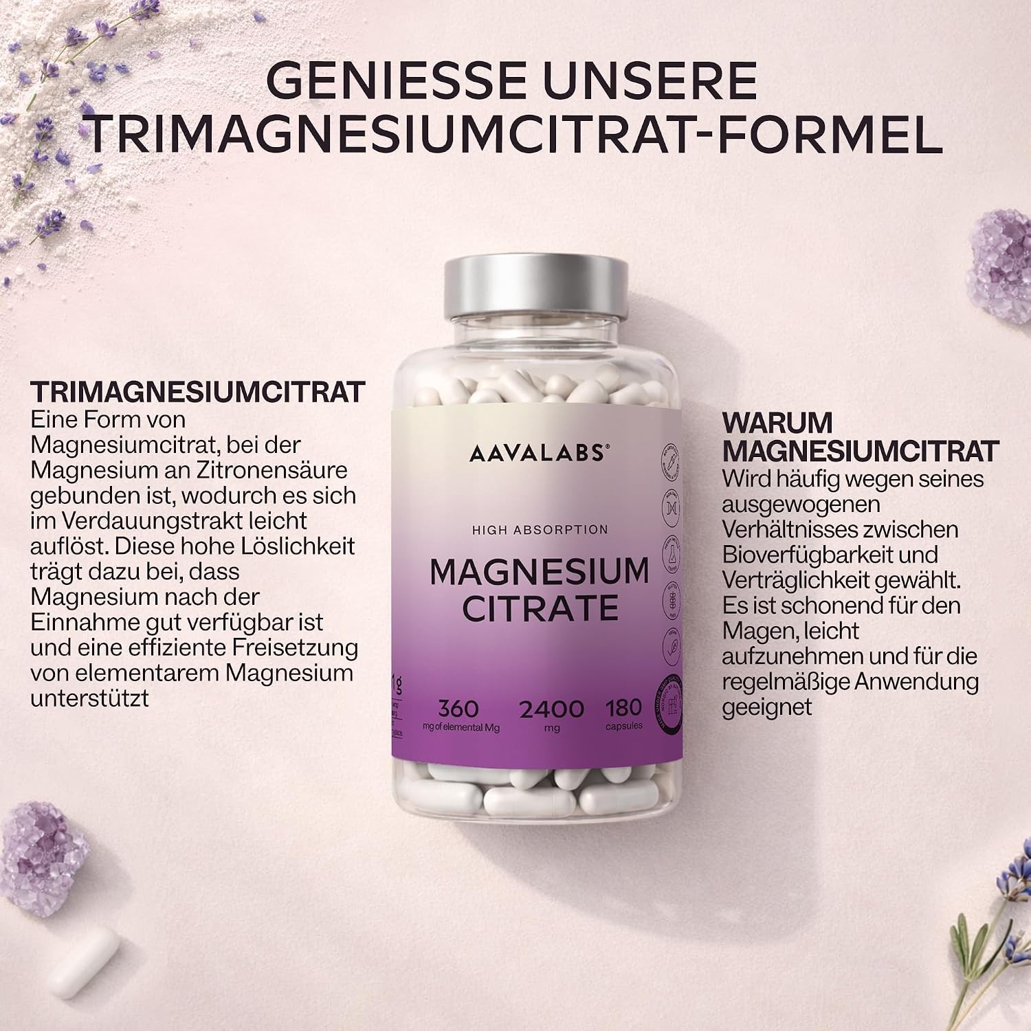 Detalle de Magnesiumcitrat Kapseln Hochdosiert 2400 mg – AAVALABS, vegan, mit hoher Bioverfügbarkeit