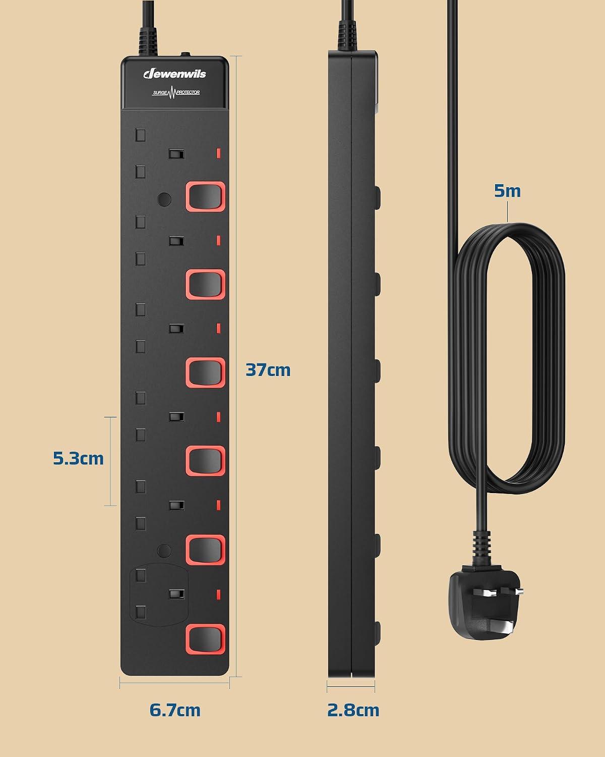 Thumbnail 6 de DEWENWILS 6 Way Surge Protected Extension Lead with Individual Switches and 5m Cable