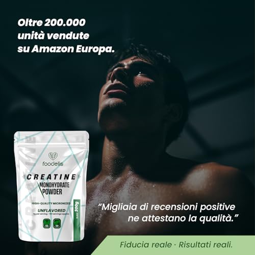 Detalle 2 de Foodelis Creatina Monoidrato Micronizzata in Polvere 300 g – 100 Dosi, Senza Sapore, Alta Solubilità