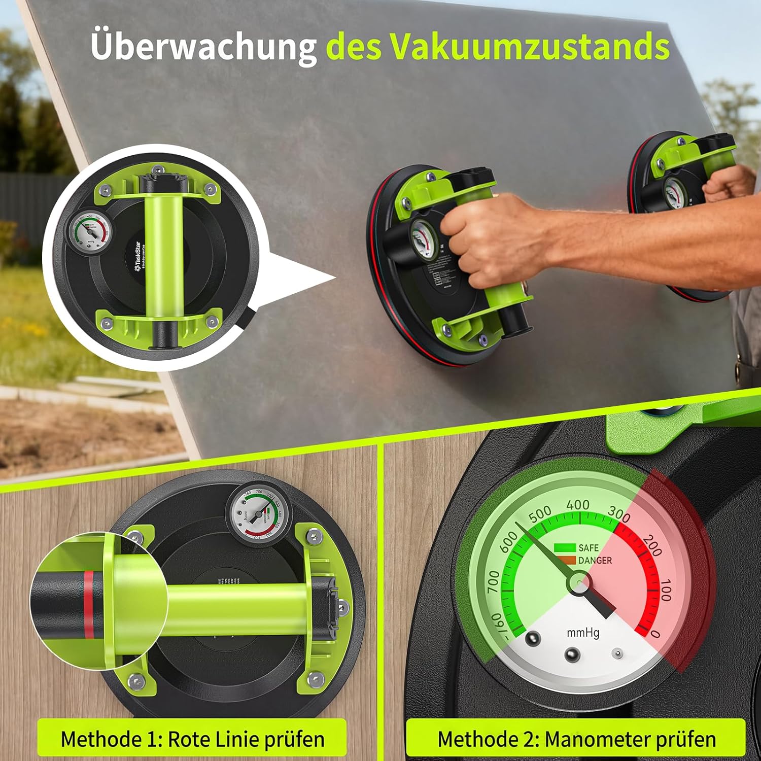Thumbnail 4 de Taskstar Vakuum Saugheber Fliesen – 2er-Set, 20 cm, max Traglast 204 kg, inkl. Manometer