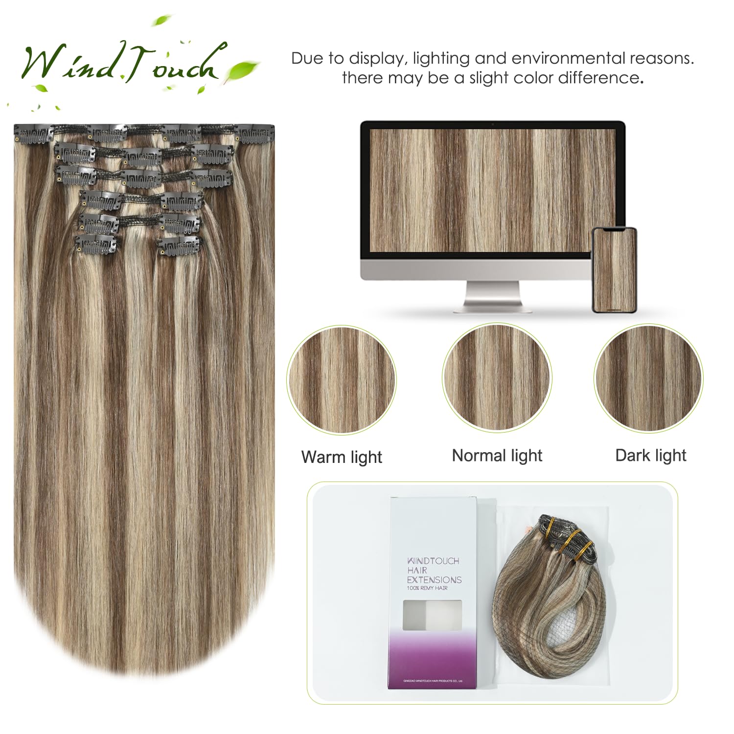 Detalle de WindTouch Clip-In Hair Extensions (Real Human Hair) Thick Ash Blonde to Platinum Blonde Highlights, 22 in, 120g (7 pieces)