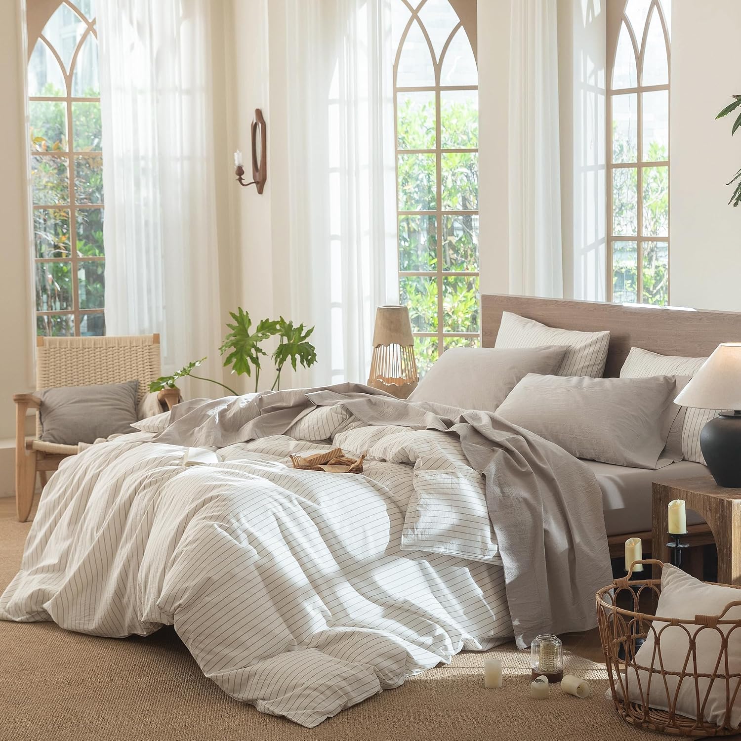 Detalle de MOOMEE MooMee 100% Washed Cotton Sheet Set (Queen, Heathered Cream Grey)