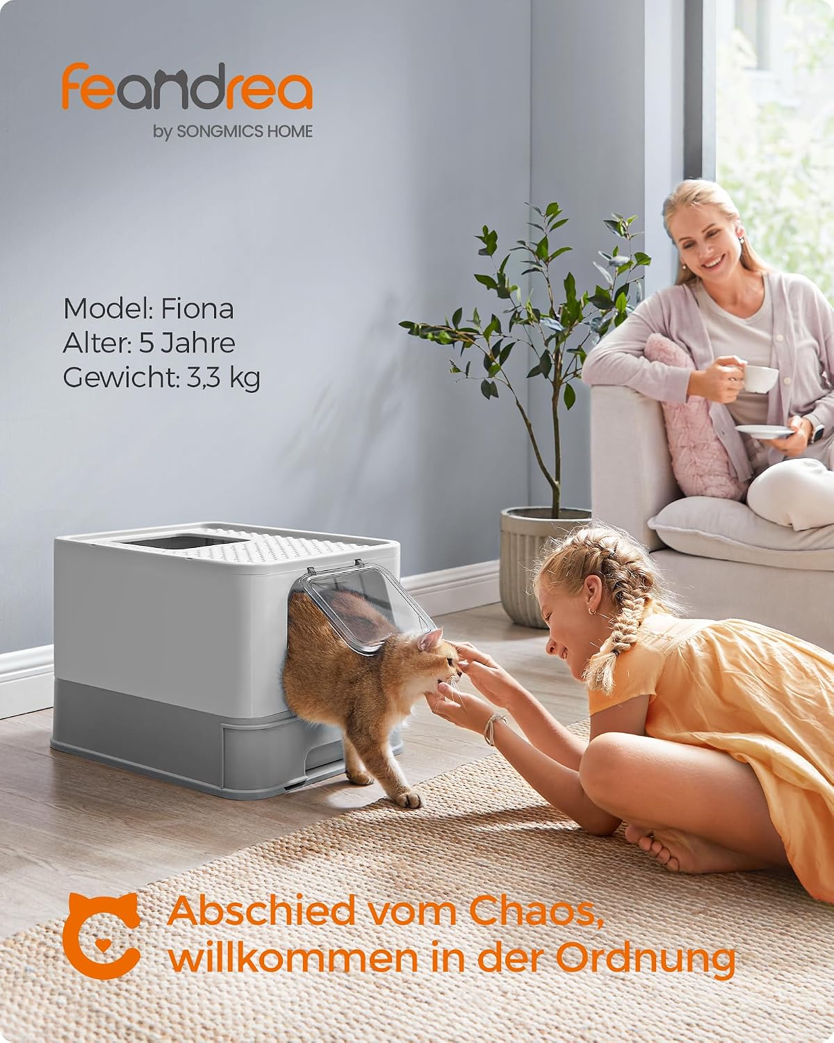 Detalle 2 de Feandrea Katzentoilette mit Deckel, ausziehbares Tablett und Schaufel – ideal für große Katzen bis 15 kg