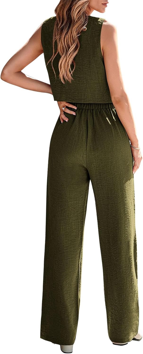 Thumbnail 1 de KIRUNDO 2-Piece Women’s Dressy Summer Set: V-Neck Crop Vest Blazer + Wide-Leg Pants
