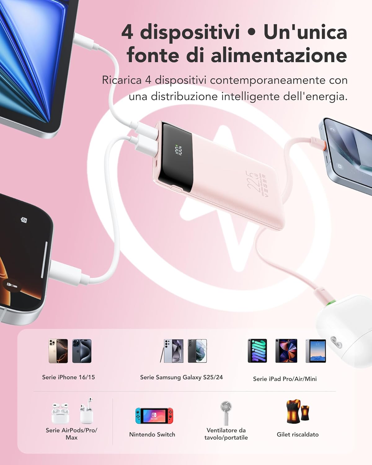 Thumbnail 5 de VEGER Power Bank 10000mAh con Cavi Integrati: ricarica rapida da 22,5W e 4 uscite in un formato sottile