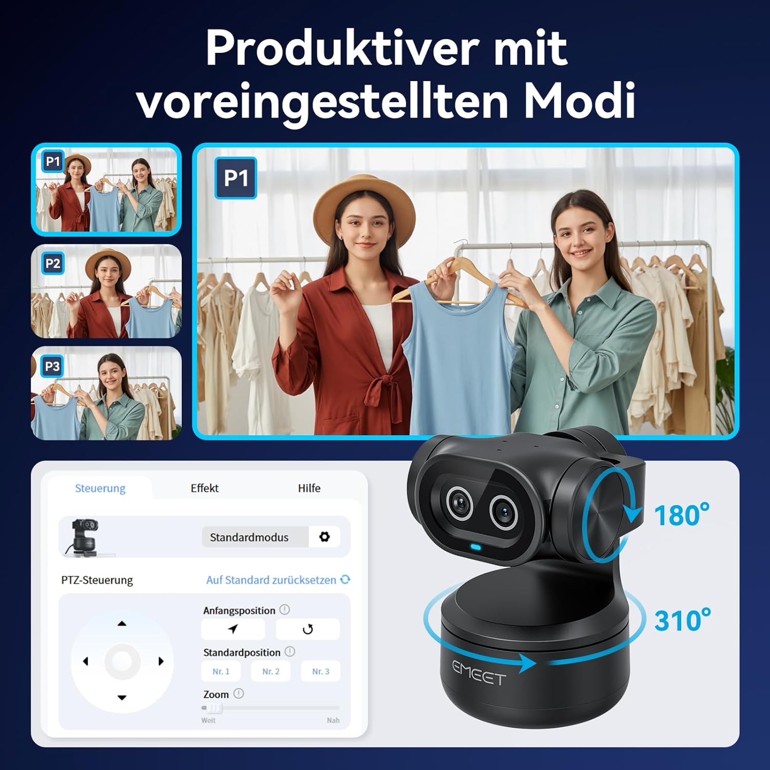 Thumbnail 4 de EMEET PIXY Dual-Kamera KI-gestützte PTZ 4K Webcam mit 310° Schwenk, 180° Neigung und 3 Mikrofonen
