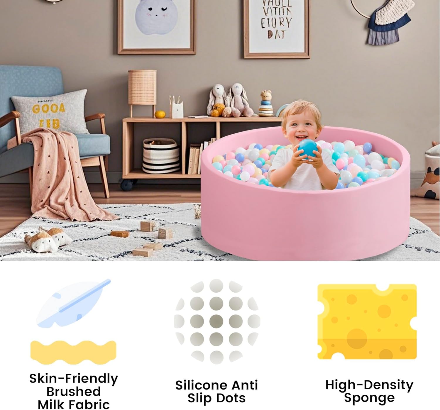 Detalle de Zedachica Ball Pit for Toddlers (Pink) – 35.43" x 11.81" Memory Foam Ball Pit, No Balls Included