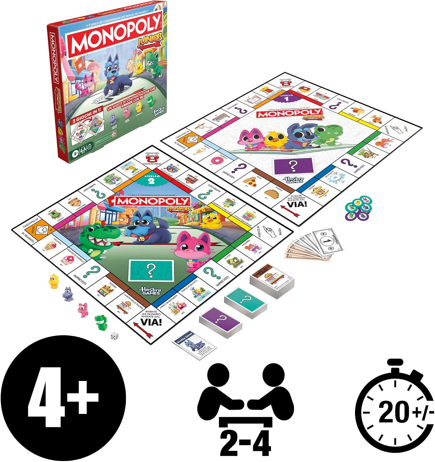 Detalle 2 de Monopoly Junior (edizione 2026) – gioco da tavolo 2 giochi in 1 per bambini dai 4 anni, 2–4 giocatori, versione italiana