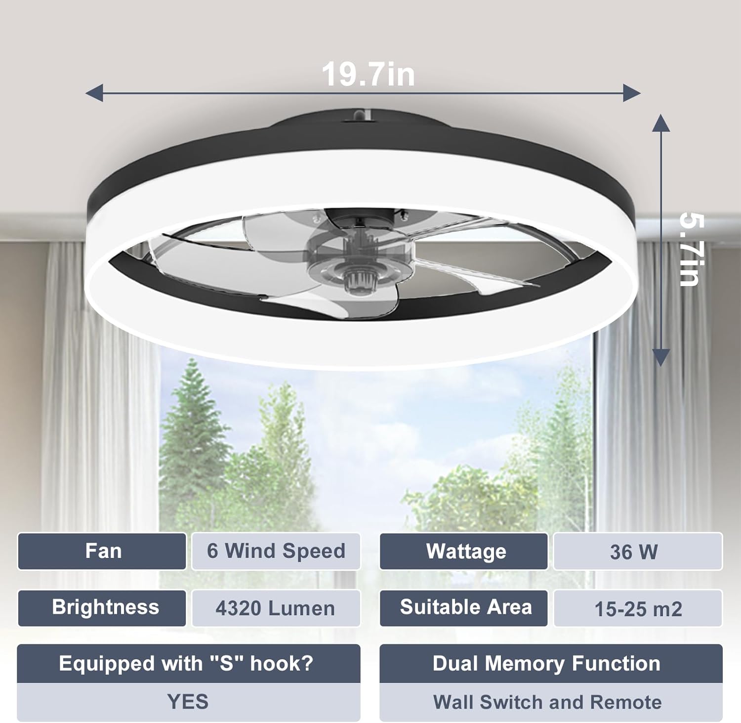 Thumbnail 6 de VOLISUN Low Profile Smart Ceiling Fan with Lights (Flush Mount, Remote, 3000K–6500K) — Black
