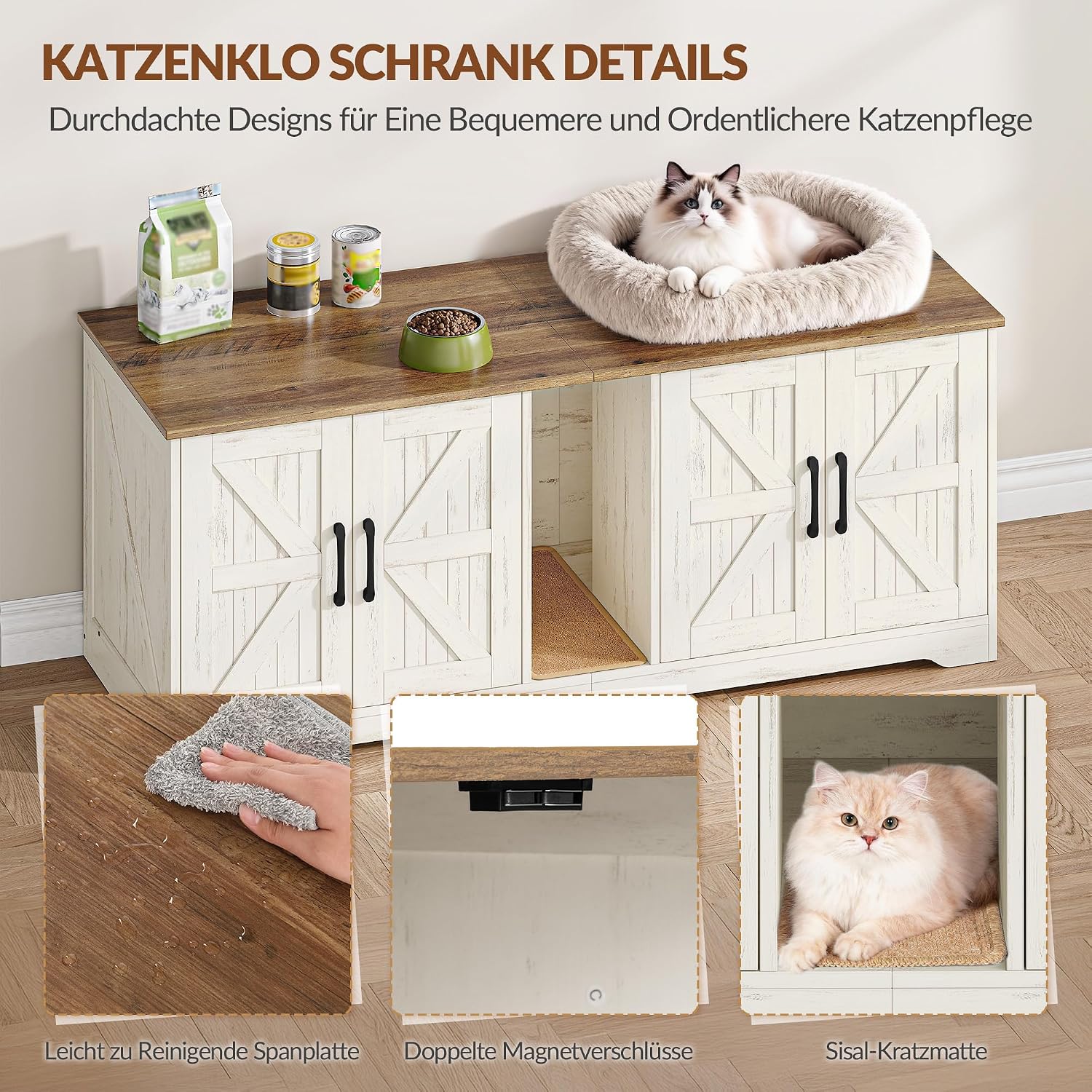 Detalle de Fobyfurny Katzenklo Schrank für 2 Katzen – 140 x 50 x 55 cm, Braun & Weiß (FPCB103PWR1)