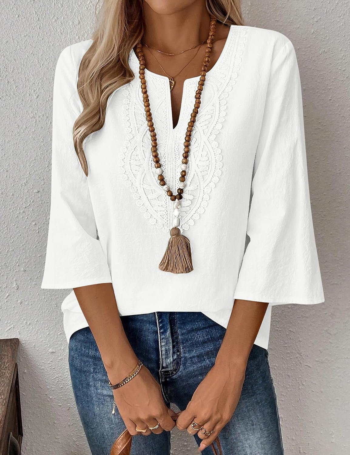 Detalle de Lomon Womens Cotton Linen 3/4 Sleeve V-Neck Lace Casual Loose Fit Blouse
