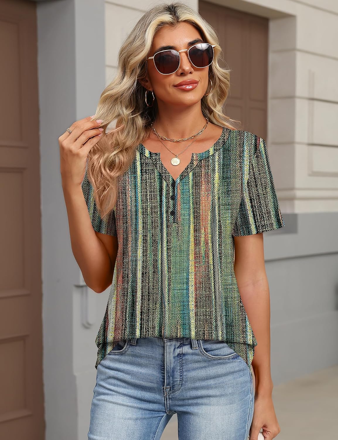 Detalle de Kistore Ladies Tops Summer Casual Short Sleeve T Shirts – V Neck Henley, 94% Polyester / 6% Spandex (S–2XL)