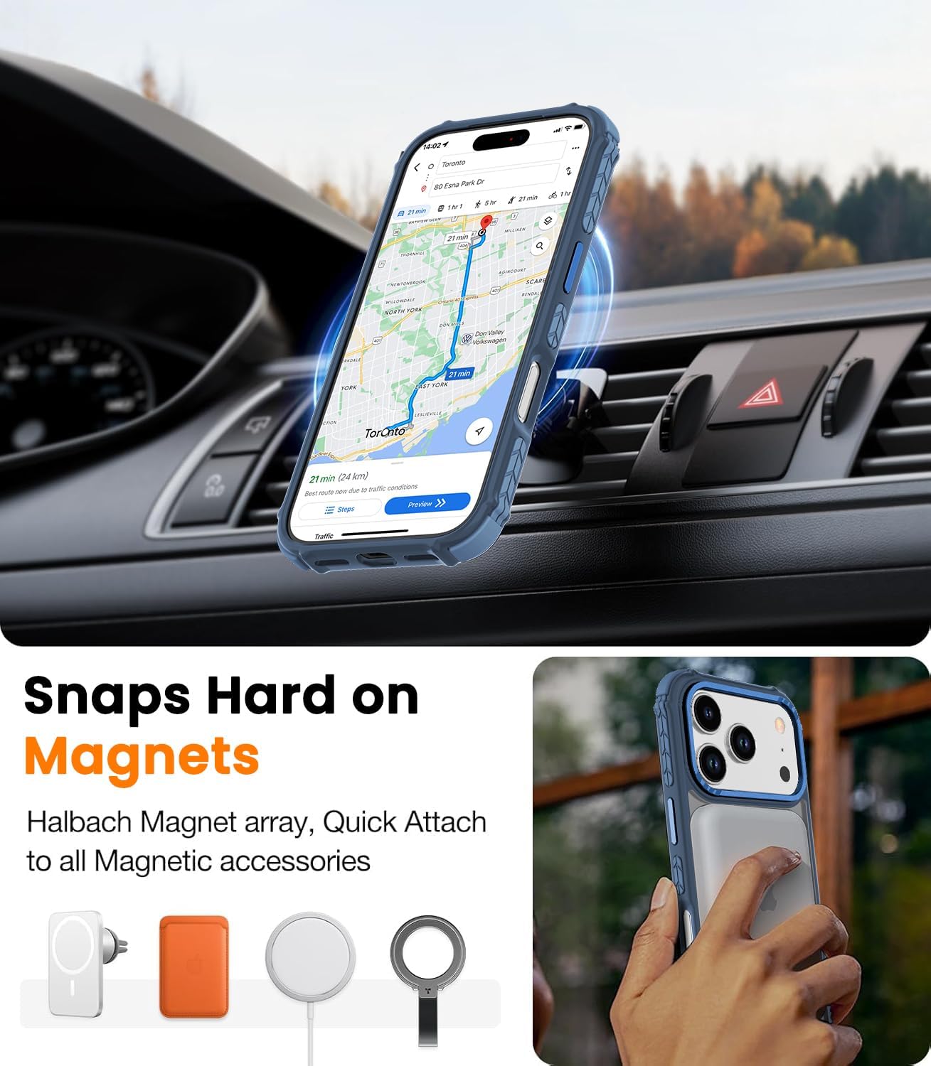 Detalle de DEERLAMN IP17PROCASE01 Magnetic iPhone Case, Matte Blue, MagSafe-Compatible