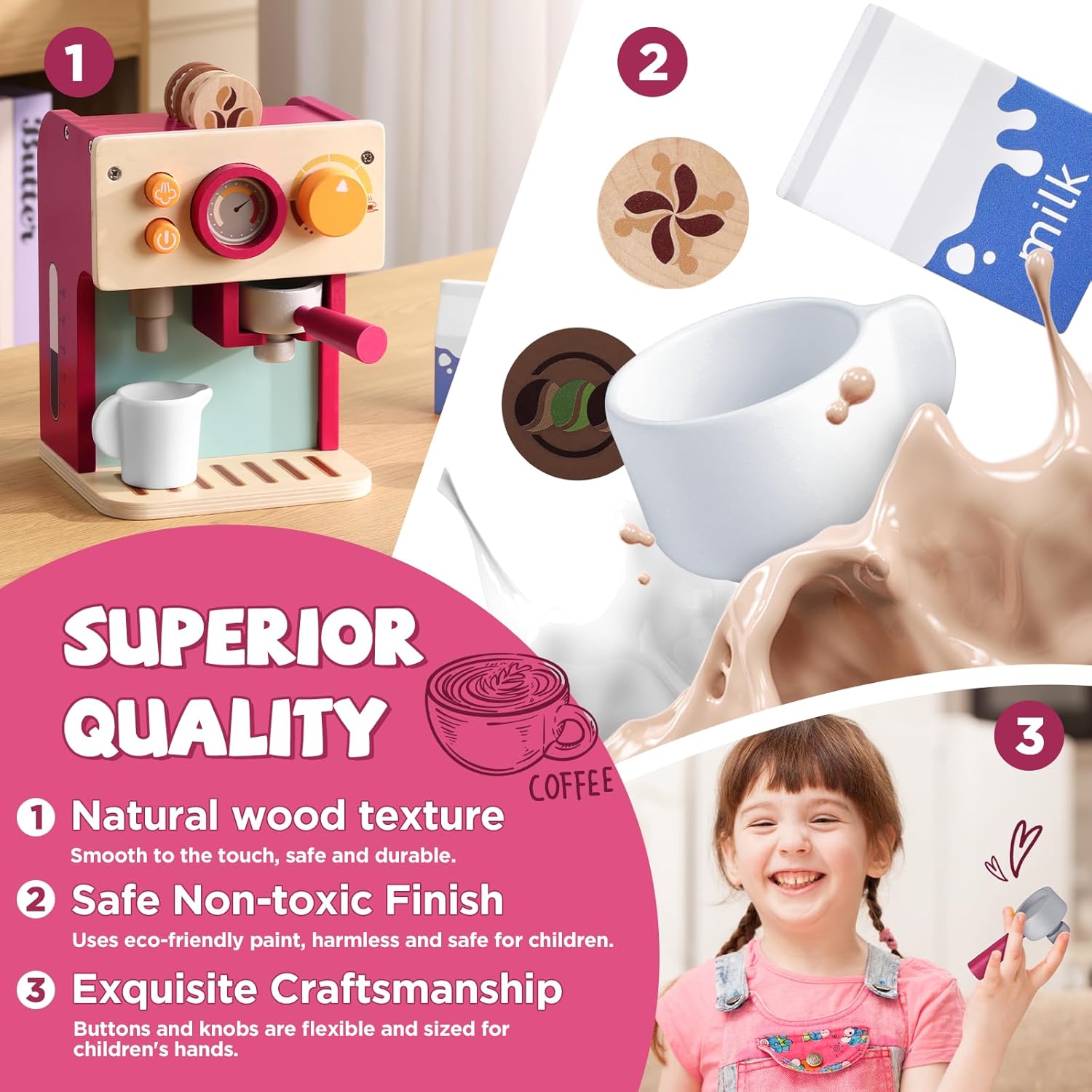 Detalle de GAGAKU Macchina da caffè per bambini in legno, gioco Montessori per bambini da 3 anni con brocca per latte e accessori