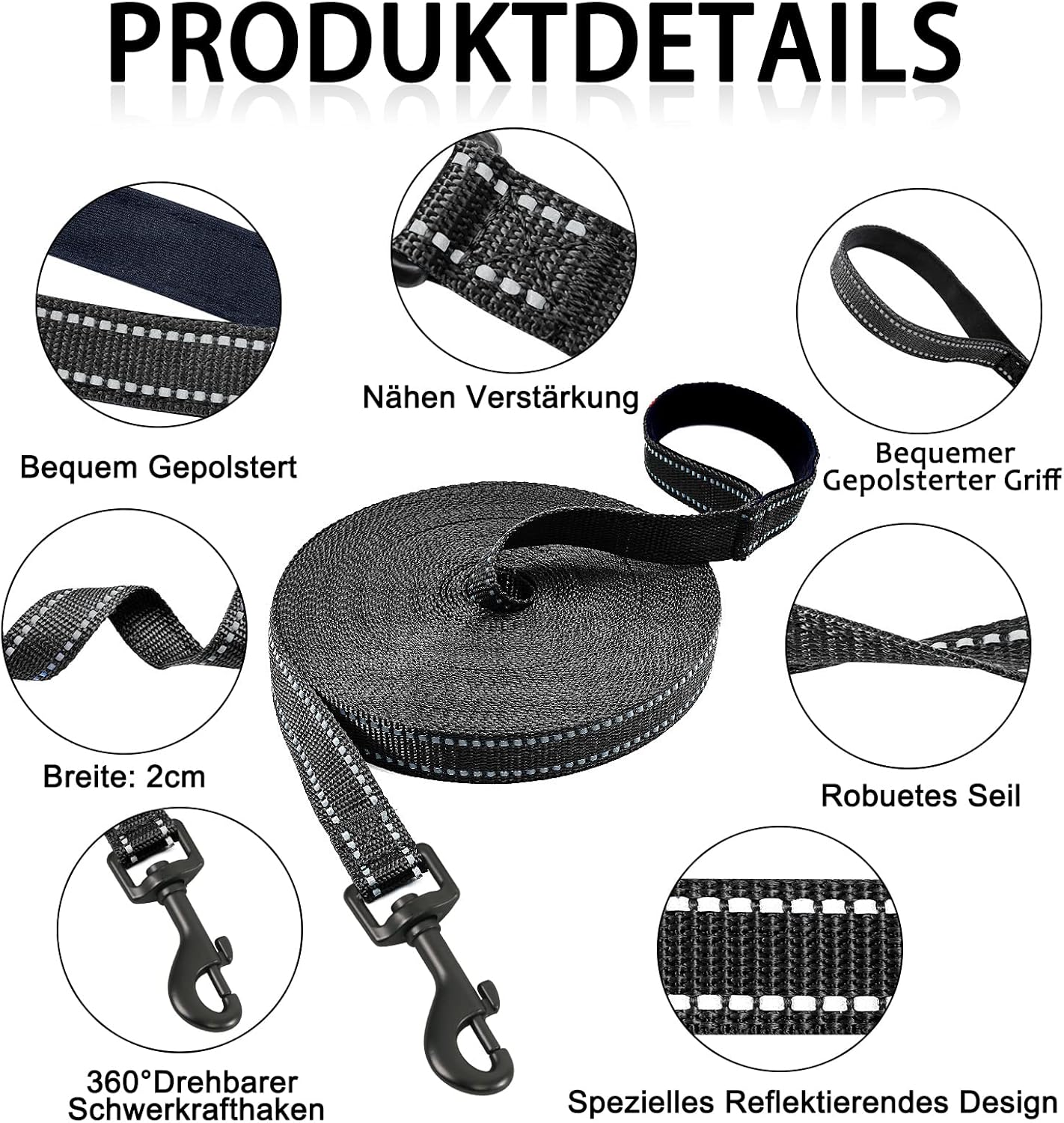 Thumbnail 1 de Demigreat Schleppleine für Hunde mit reflektierenden Streifen (3 m–20 m) – gepolsterter Griff & Drehhaken