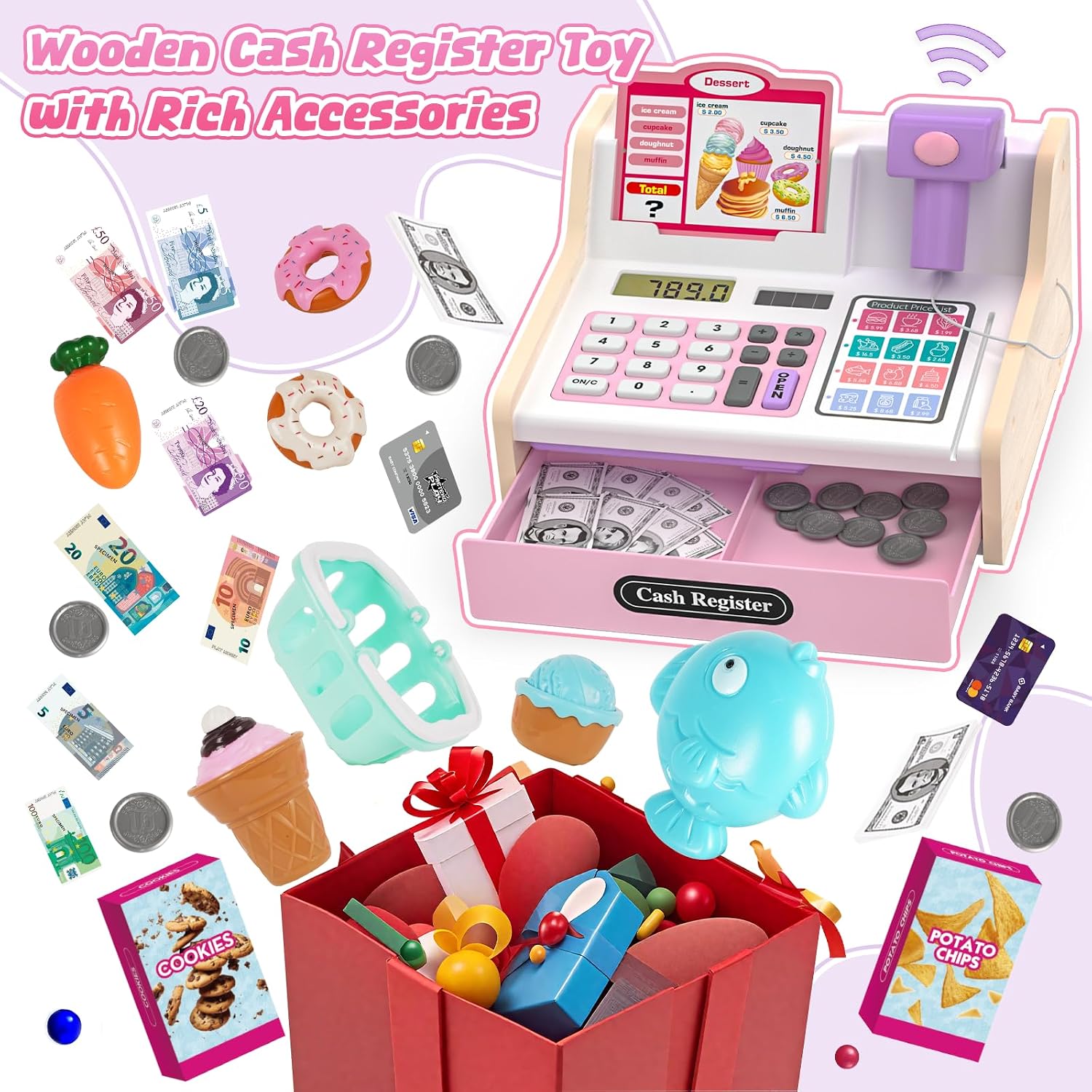 Detalle 2 de Maysida Kinderkasse Holz-Registrierkasse mit Scanner & Sound – rosa