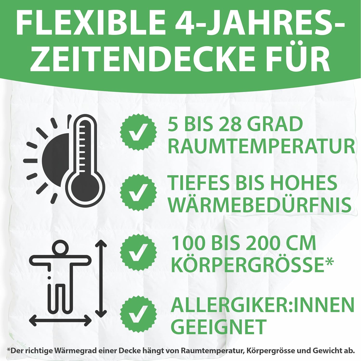 Detalle de Welldora Komfort Bettdecke 220x240 zweiteilig – 4-Jahreszeiten Daunendecke mit Sommer- & Winterteil