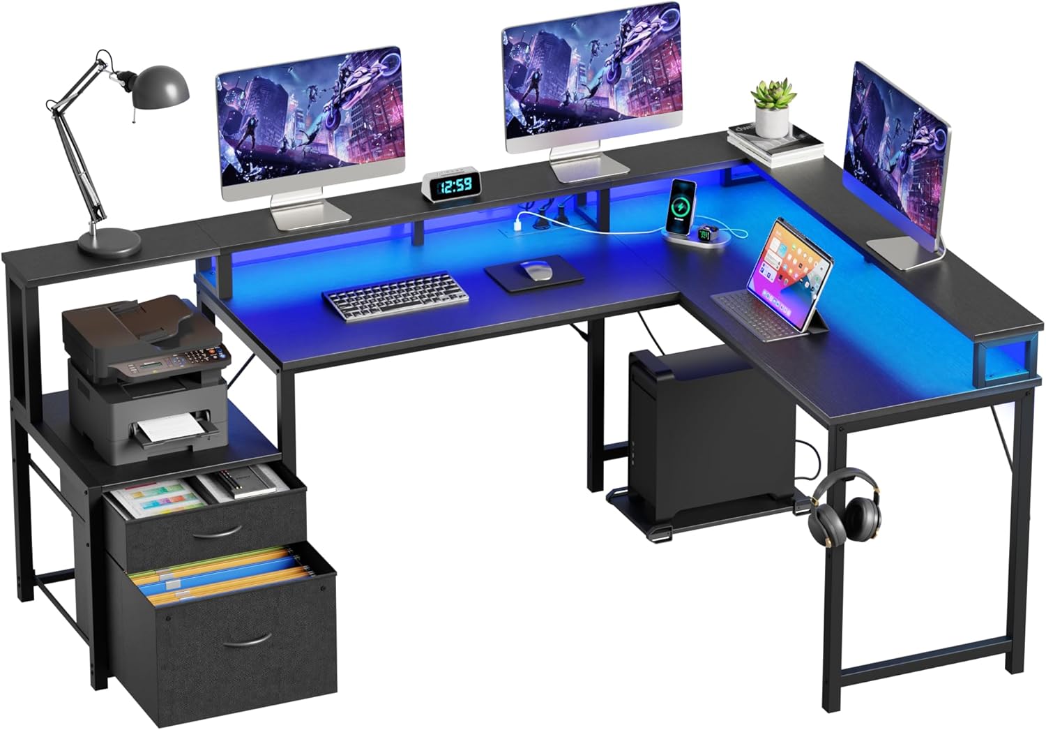 Detalle de YOUDENOVA Scrivania angolare con cassetti – scrivania a forma di L 168 x 100 cm con LED, prese e USB