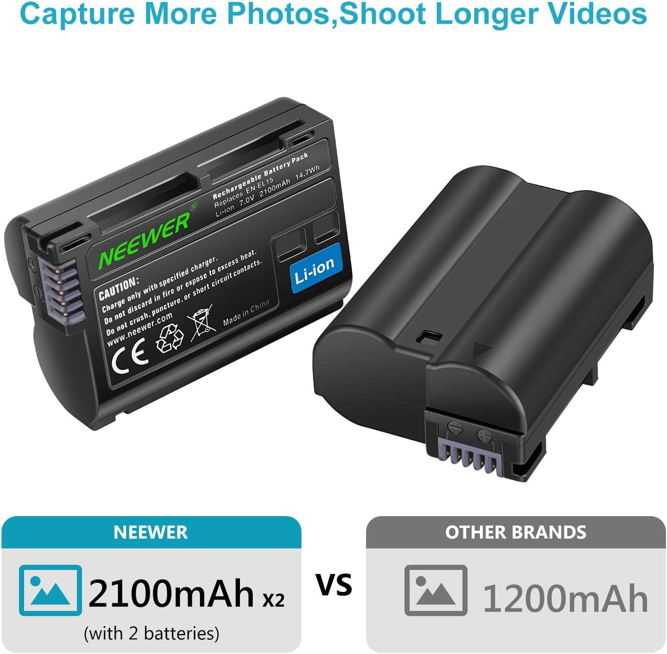 Thumbnail 1 de NEEWER EN-EL15 Batteria di ricambio + doppio caricatore (2 pack, Micro-USB, 2100mAh) per Nikon