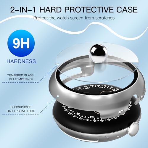 Thumbnail 2 de Diruite 3 Pezzi Cover per Google Pixel Watch 4 45mm – Protezione in vetro temperato 9H e PC, Nero/Argento+Trasparente