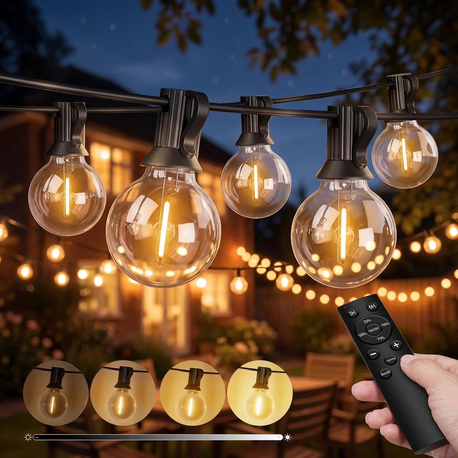 Detalle de Litogo Außen-Lichterkette 15 m mit Fernbedienung – dimmbar, Timer, IP44, 18 LEDs, 24V Sicherheit, Warmweiß