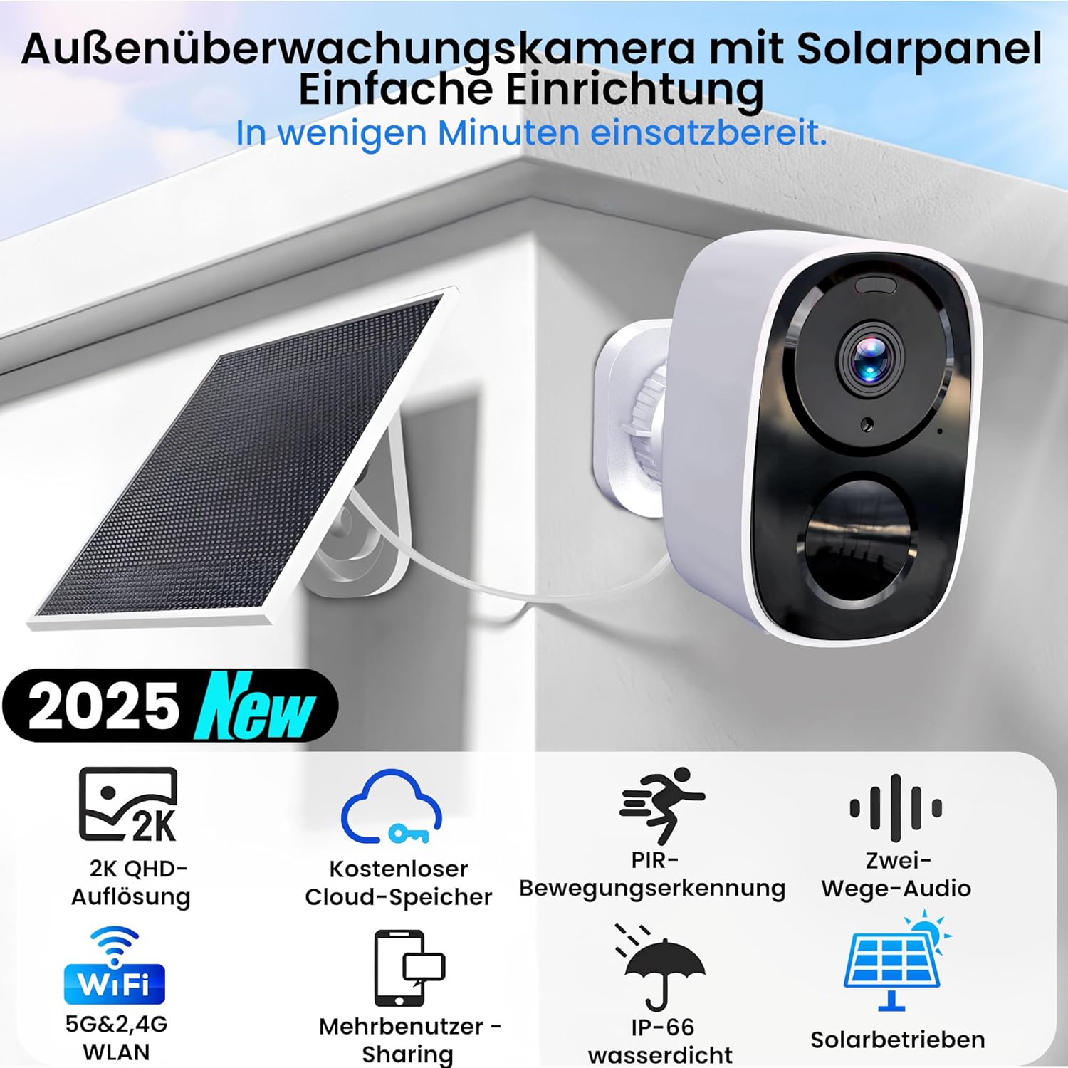 Thumbnail 1 de 2K/3MP Überwachungskamera Außen Akku Solar – Kabellos, Farb-Nachtsicht, 2-Wege Audio, IP66, kostenloser Cloud-Speicher