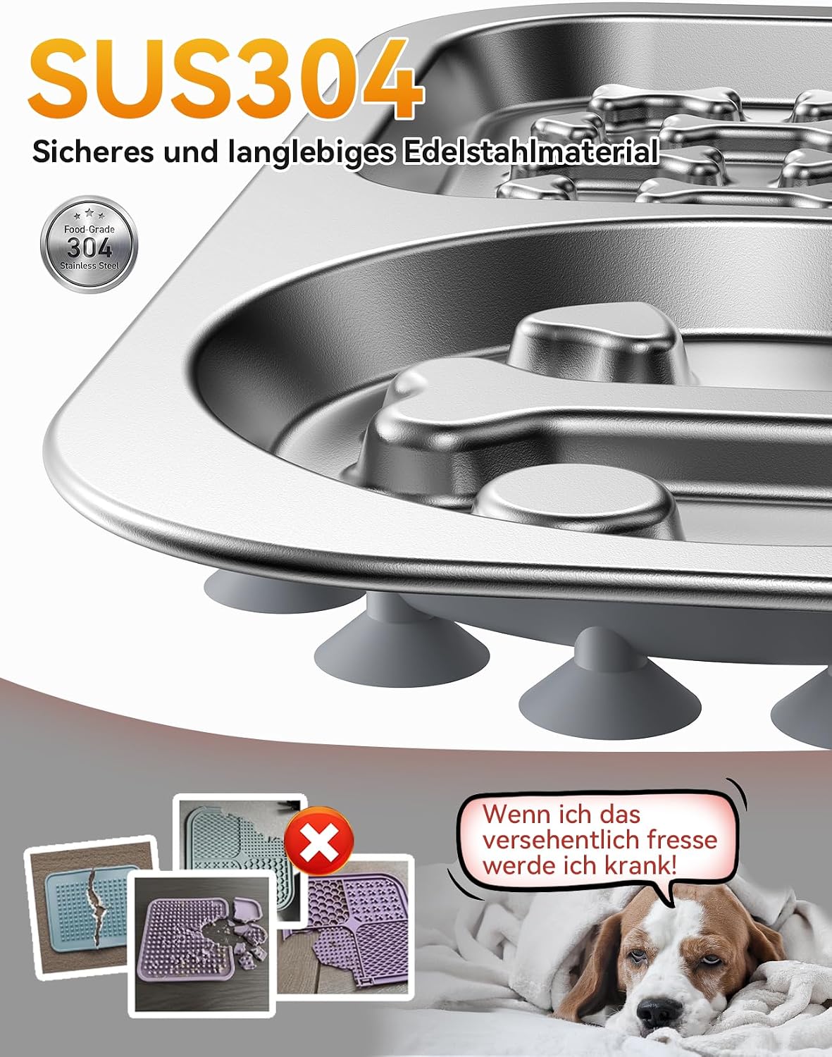 Detalle de FEELNEEDY Edelstahl Schleckmatte Hund mit Schaber – rutschfeste Anti-Schling-Mahlzeit mit Zahnpflege und Saugnäpfen