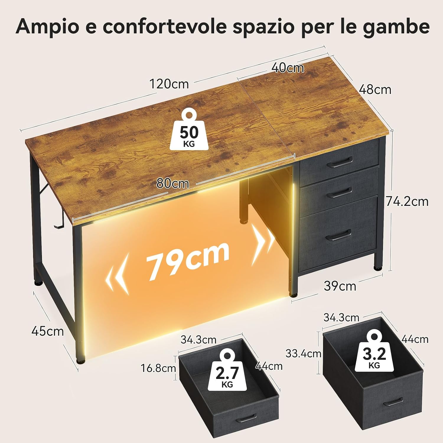 Thumbnail 2 de Coleshome Scrivania con 3 Cassetti in Tessuto, 120x48cm – Scrivania salvaspazio reversibile per ufficio domestico