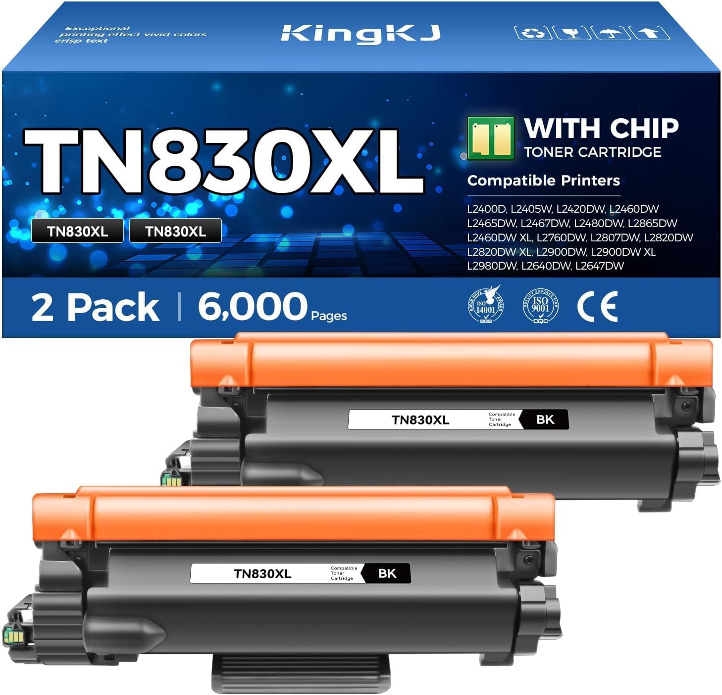 Detalle de KingKJ TN830XL-2B TN830XL Black Toner Cartridge, 2-Pack for Brother
