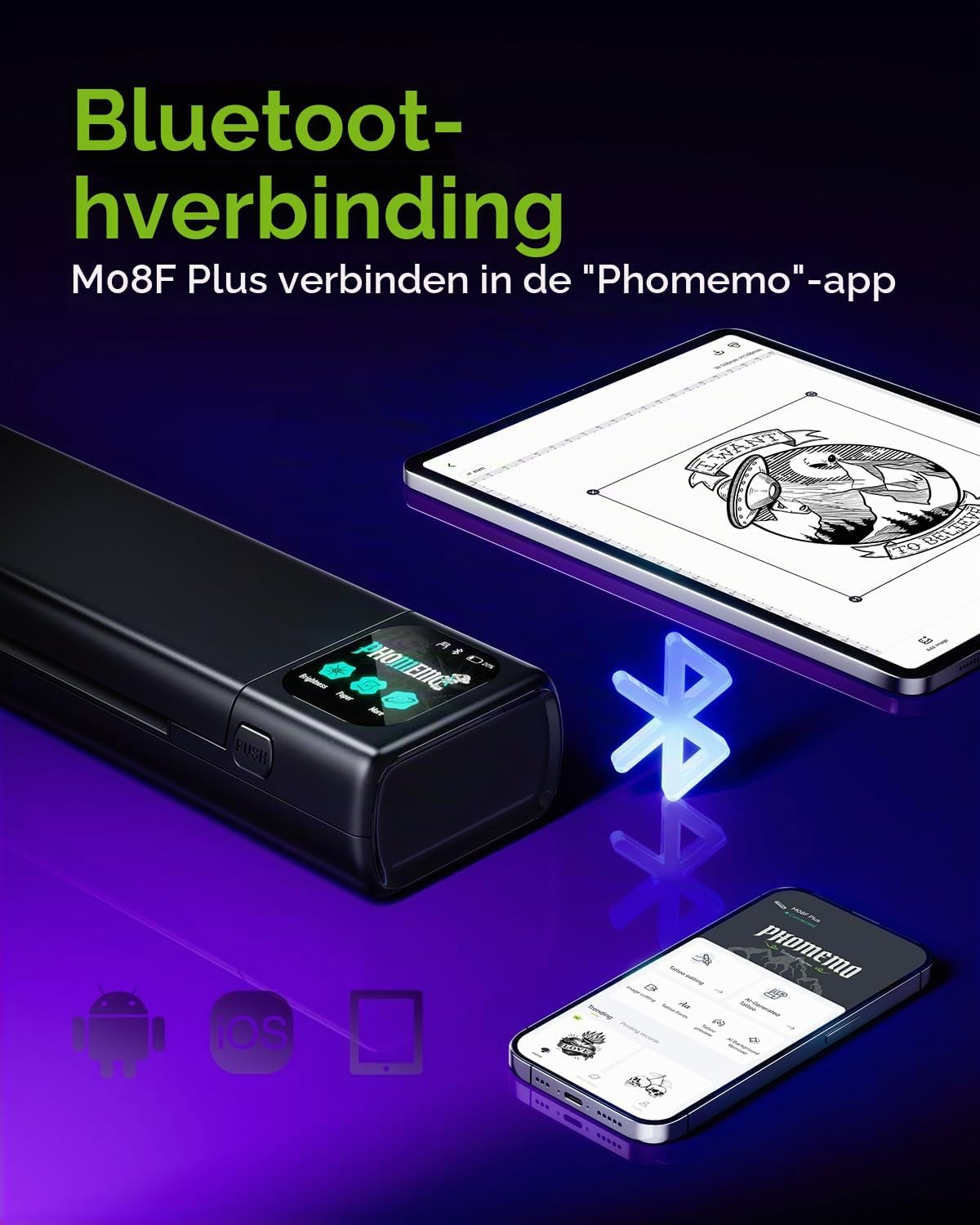 Detalle de Phomemo M08F Plus AI-tattoo-stencilprinter met touchscreen en 20 transferbladen
