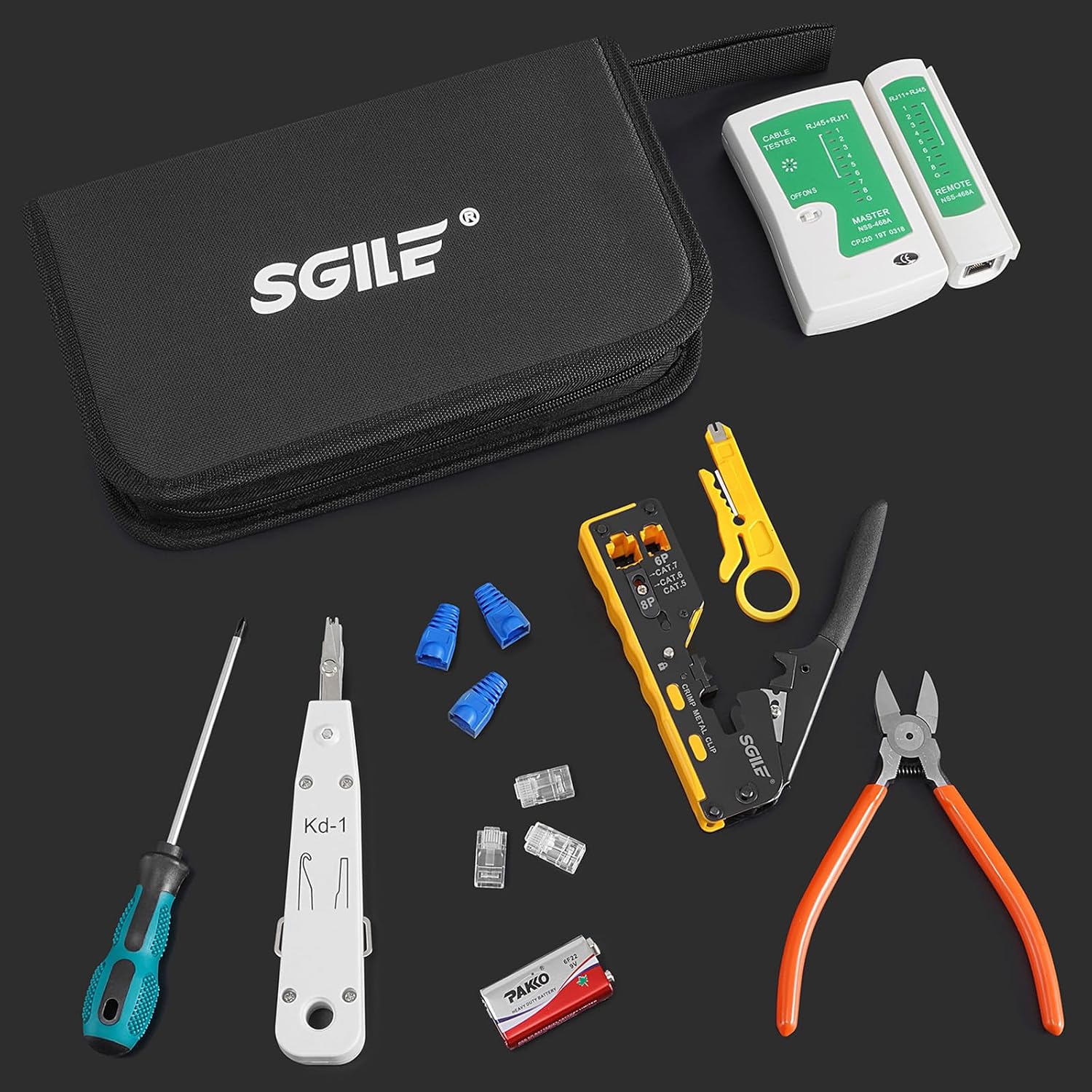 Detalle de SGILE Kit di Attrezzi per Rete: Pass Through RJ45 e Set Connettori CAT6, completo di strumento di ispezione e spelafili